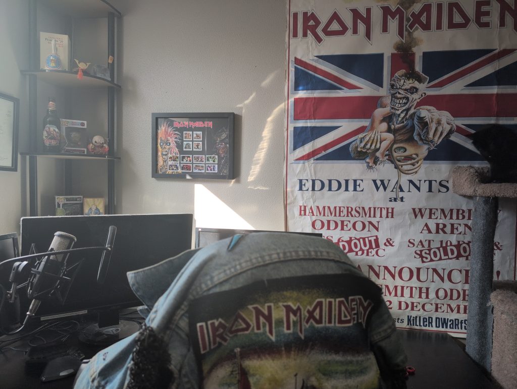 A photo of my office and all the Iron Maiden memorabelia